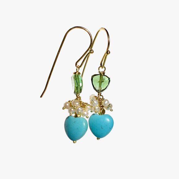 18K Solid Gold Turquoise, Green Tourmaline/Pearl Beaded Drop Dangle Earrings - Picture 6 of 6